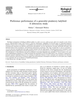 Preference–Performance of a Generalist Predatory Ladybird: a Laboratory Study