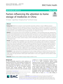 Factors Influencing the Attention to Home Storage of Medicines in China Yin Huang1*, Lingjie Wang2, Changqing Zhong3,4 and Shumin Huang1