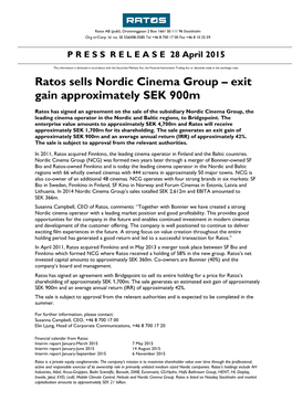 Ratos Sells Nordic Cinema Group – Exit Gain Approximately SEK 900M