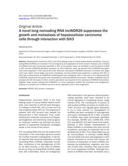 Original Article a Novel Long Noncoding RNA Lncwdr26 Suppresses the Growth and Metastasis of Hepatocellular Carcinoma Cells Through Interaction with SIX3