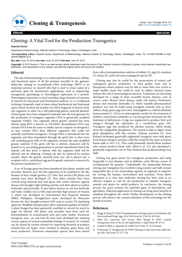 Cloning & Transgenesis DOI: 0.4172/2168-9849.1000E119 ISSN: 2168-9849