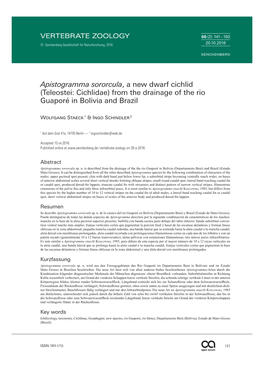 Apistogramma Sororcula, a New Dwarf Cichlid (Teleostei: Cichlidae) from the Drainage of the Rio Guaporé in Bolivia and Brazil