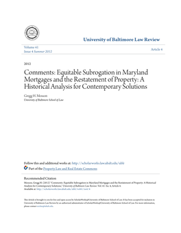 Equitable Subrogation in Maryland Mortgages and the Restatement of Property: a Historical Analysis for Contemporary Solutions Gregg H