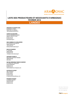 Liste Producteurs Et Negociants Armagnac Fevrier 2014 LANDES