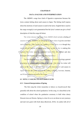 CHAPTER IV DATA ANALYSIS and INTERPRETATION the AKB48's Songs Have Kind of Figurative Expressions Because the Lyrics Contain F