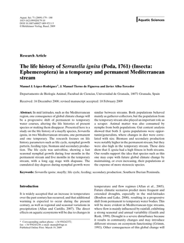 The Life History of Serratella Ignita (Poda, 1761) (Insecta: Ephemeroptera) in a Temporary and Permanent Mediterranean Stream