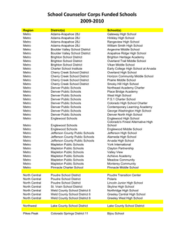 School Counselor Corps Funded Schools 2009-2010