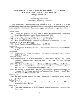 PREHISTORIC OR PRE-EUROPEAN ARCHAEOLOGY in MAINE BIBLIOGRAPHY of PUBLISHED ARTICLES Through Summer 2018