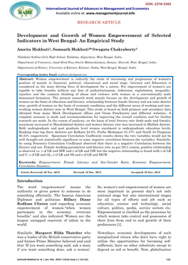 Development and Growth of Women Empowerment of Selected Indicators in West Bengal- an Empirical Study