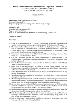 Senate Finance and Public Administration Legislation Committee ANSWERS to QUESTIONS on NOTICE ADDITIONAL ESTIMATES 2014-15 Finan