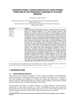 Constructional Characteristics of Upholstered Furniture in the Presidency Museum of Ataturk Mansion