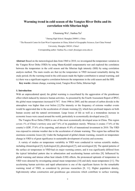 Warming Trend in Cold Season of the Yangtze River Delta and Its Correlation with Siberian High