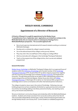 WESLEY HOUSE, CAMBRIDGE Appointment of a Director of Research