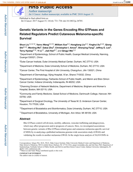 Genetic Variants in the Genes Encoding Rho Gtpases and Related Regulators Predict Cutaneous Melanoma-Specific Survival