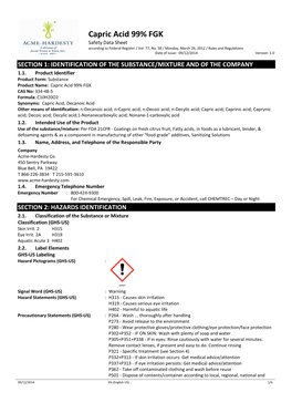 Capric Acid 99% FGK Safety Data Sheet According to Federal Register / Vol