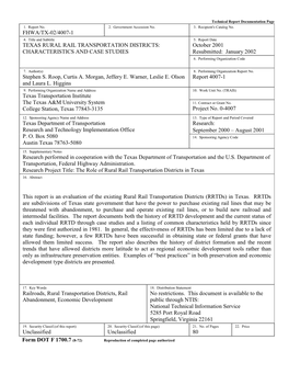 TEXAS RURAL RAIL TRANSPORTATION DISTRICTS: October 2001 CHARACTERISTICS and CASE STUDIES Resubmitted: January 2002