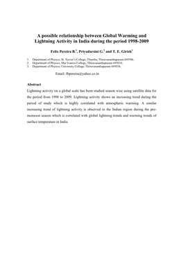 A Possible Relationship Between Global Warming and Lightning Activity in India During the Period 1998-2009