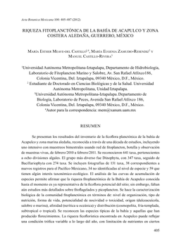 Riqueza Fitoplanctónica De La Bahía De Acapulco Y Zona Costera Aledaña, Guerrero, México