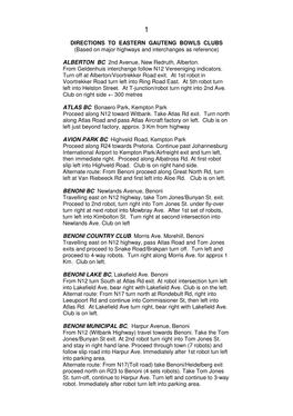 DIRECTIONS to EASTERN GAUTENG BOWLS CLUBS (Based on Major Highways and Interchanges As Reference)