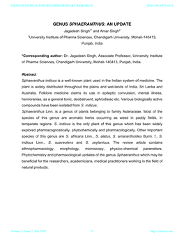 GENUS SPHAERANTHUS: an UPDATE Jagadesh Singh1* and Amar Singh2 1University Institute of Pharma Sciences, Chandigarh University, Mohali-140413, Punjab, India