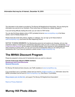 The MHNA Discount Program Murray Hill Photo Album