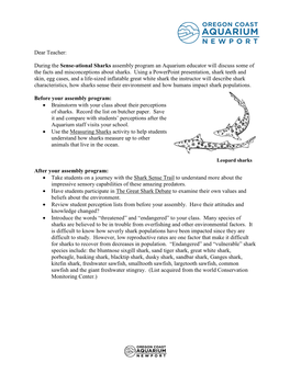 Dear Teacher: During the Sense-Ational Sharks Assembly Program an Aquarium Educator Will Discuss Some of the Facts and Misconcep