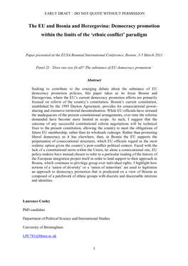 The EU and Bosnia and Herzegovina: Democracy Promotion Within the Limits of the ‘Ethnic Conflict’ Paradigm