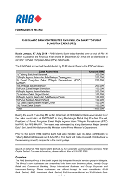 Rhb Islamic Bank Contributes Rm1.6 Million Zakat to Pusat Pungutan Zakat (Ppz) ______