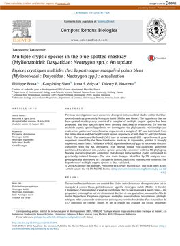 Multiple Cryptic Species in the Blue-Spotted Maskray (Myliobatoidei: Dasyatidae: Neotrygon Spp.)