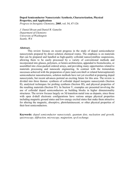 Doped Semiconductor Nanocrystals: Synthesis, Characterization, Physical Properties, and Applications Progress in Inorganic Chemistry, 2005, Vol