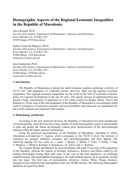 Demographic Aspects of the Regional Economic Inequalities in the Republic of Macedonia