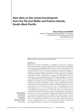 New Data on the Recent Brachiopods from the Fiji and Wallis and Futuna Islands, South-West Paciﬁ C