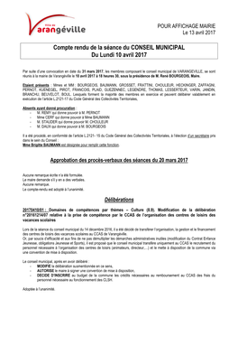 Compte Rendu De La Séance Du CONSEIL MUNICIPAL Du Lundi 10 Avril 2017
