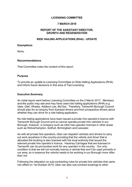 1 Licensing Committee 7 March 2019 Report of the Assistant Director, Growth and Regeneration Ride Hailing Applications