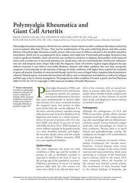 Polymyalgia Rheumatica and Giant Cell Arteritis BRIAN UNWIN, COL, MC, USA, CYNTHIA M