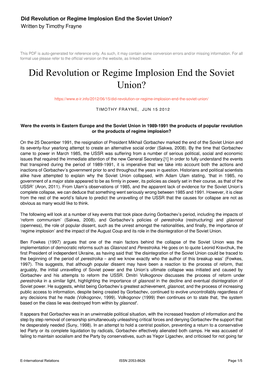 Did Revolution Or Regime Implosion End the Soviet Union? Written by Timothy Frayne