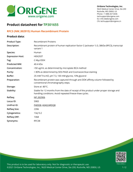 RFC3 (NM 002915) Human Recombinant Protein Product Data