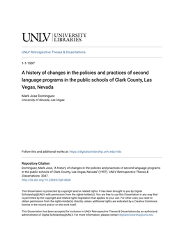 A History of Changes in the Policies and Practices of Second Language Programs in the Public Schools of Clark County, Las Vegas, Nevada