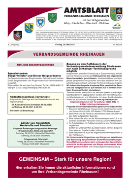 Amtsblatt Verbandsgemeinde Rheinauen Mit Den Ortsgemeinden Wir Unterstützen Die Altrip · Neuhofen · Otterstadt · Waldsee