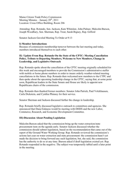 Maine Citizen Trade Policy Commission Meeting Minutes – January 28Th, 2011 Location: Cross Office Building, Room 206