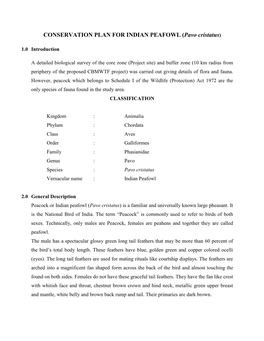 CONSERVATION PLAN for INDIAN PEAFOWL (Pavo Cristatus)