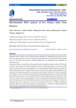 Mitochondrial DNA Analysis of Five Pathan Tribes from Pakistan