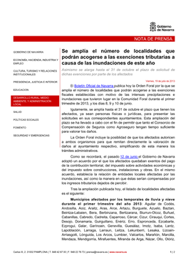 Se Amplía El Número De Localidades Que Podrán Acogerse a Las Exenciones Tributarias a ECONOMÍA, HACIENDA, INDUSTRIA Y EMPLEO Causa De Las Inundaciones De Este Año