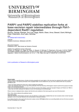 PARP1 and PARP2 Stabilise Replication Forks at Base Excision Repair Intermediates Through Fbh1-Dependent Rad51 Regulation', Nature Communications, Vol