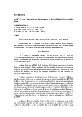 DISPOSICIÓN: Ley 2/1991, De 7 De Marzo, De Carreteras De La