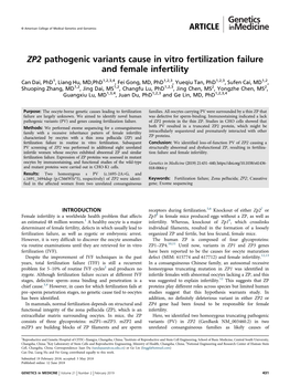 ZP2 Pathogenic Variants Cause in Vitro Fertilization Failure and Female Infertility