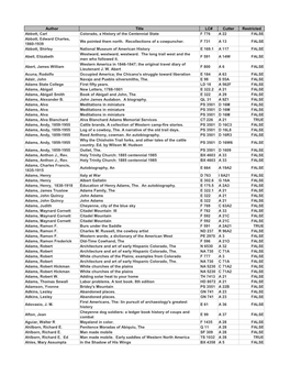 Author Title LC# Cutter Restricted Abbott, Carl Colorado, a History of the Centennial State F 776 a 22 FALSE Abbott, Edward Charles, We Pointed Them North