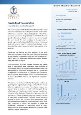 Kazakh Road Transportation Heading for a Moderate Growth