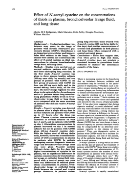 Effect of N-Acetyl Cysteine on the Concentrations of Thiols in Plasma