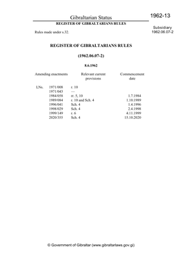 Gibraltarian Status 1962-13 REGISTER of GIBRALTARIANS RULES Subsidiary Rules Made Under S.32